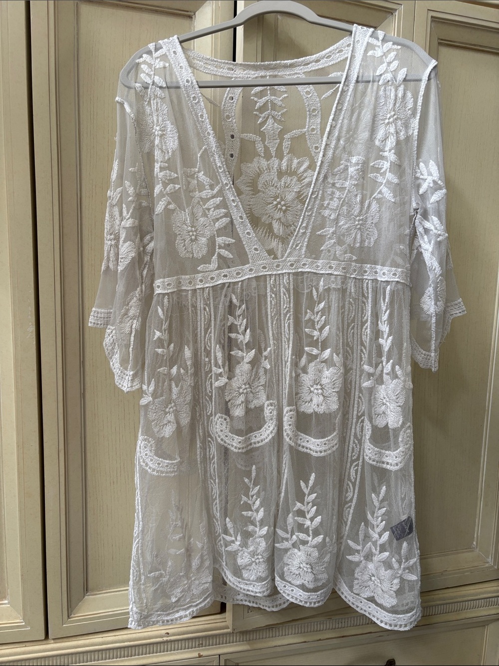SHEIN White Floral Embroidered Sheer Beach Coverup